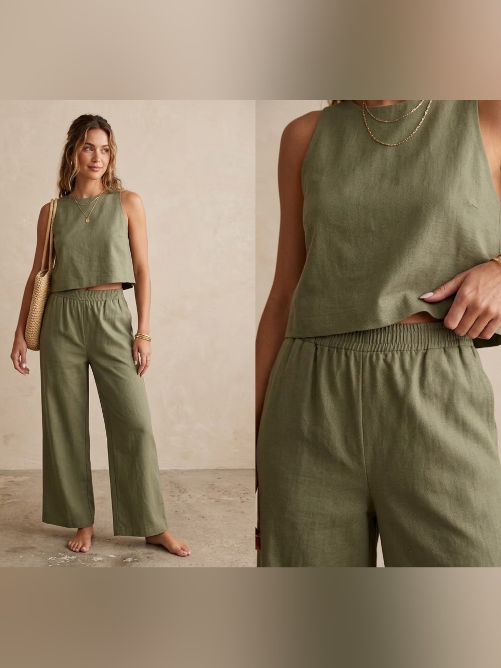 Olive Sage Green Cotton Blend Two Piece Matching Set Wide Leg Pants Crop Top L
